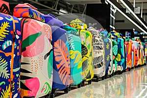 bright multi-colored travel suitcases on a conveyor belt at the airport glide towards a scanner