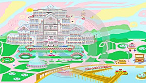 Bright Multi-Storey Bunny Rabbit Hotel and Suites Resort Ground with Fountain, Flowerbed and Boat Pier Color Illustration 2022