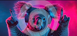 On a bright multicolored background a koala wearing headphones points its finger. Generated AI