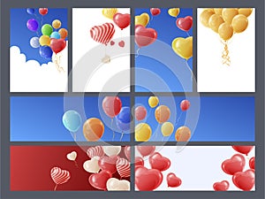 Bright multicolored cartoon balloons banner vector flat illustration festive aero design for holiday