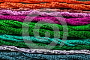Bright multicolored embroidery thread yarns. Skeins of multicolored orange, pink, purple, green, turquoise, blue embroidery