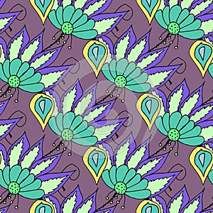Bright multicolored hand drawn floral seamless pattern