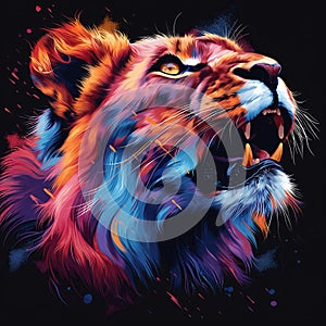 bright multicolored profile of face of angry roaring tiger on a black background. Pop art style