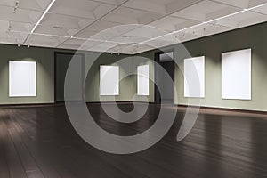 Bright museum interior with empty white posters and dark wooden parquet flooring with reflections. Picture gallery, design and art