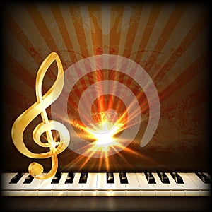 Bright musical background with a treble clef and piano keys