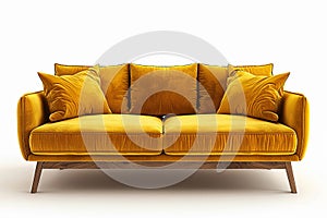 A bright mustard yellow couch with fluffy pillows. Modern sofa on white background.