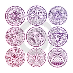 Bright mystery, witchcraft, occult, alchemy, mystical esoteric symbols isolated on white background