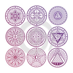 Bright mystery, witchcraft, occult, alchemy, mystical esoteric symbols isolated on white background photo
