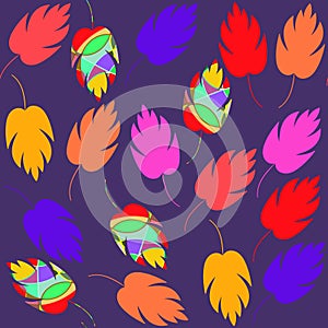 Bright nature abstract seamless pattern with colorful fantasy leaves and seamless pattern in swatch menu, illustration