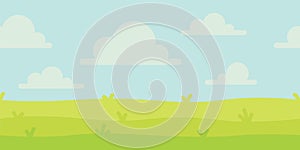 Bright nature landscape with sky, hills and grass. Rural scenery. Field and meadow. Vector illustration in simple