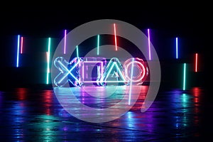 Bright neon background with gaming buttons, triangle circle square cross. Gaming modern design. Concept for online games, e-sports