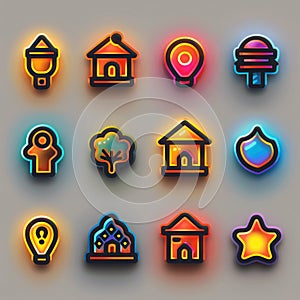 Bright neon community icons, white frosted glass.