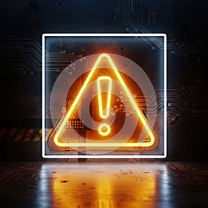 Bright neon exclamation mark warning sign illuminated in a dark reflective environment