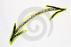Bright neon, green and black mutually reversed arrow, hand-drawn on a white background. The concept of movement, change