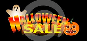 Bright neon Halloween Sale text banner with pumpkin and ghost on black background. Vector