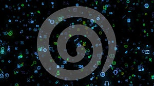 Bright neon icons with symbols in circles on black background. Animation. Neon emojis with objects and symbols on black