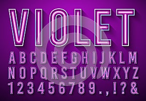 Bright neon letters. Violet glowing font, light box alphabet and neons lights lettering with shadow 3d vector illustration set