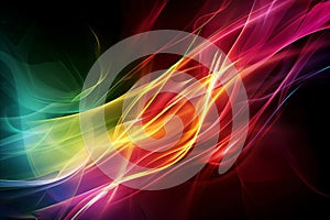 Bright neon light waves flowing across dark backdrop, with blend of red, yellow green hues. Abstarct background