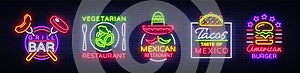 Bright neon symbols for food. Collection Design Elements, Neon Signs for Food, Grill Bar, Vegetarian Food, Mexican