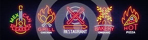 Bright neon symbols for food. Collection Design Elements, Neon Signs for Food, Mexican Cafe, Grill Chicken, Restaurant