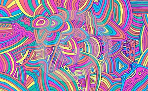 Bright neon trippy doodle stripe pattern. Colorful rainbow abstract detalized ornament. Psychedelic texture. Vector illustration