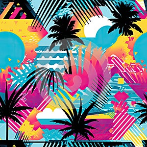 Bright neon tropical Miami-vibes, 1980s style seamless background Palm trees