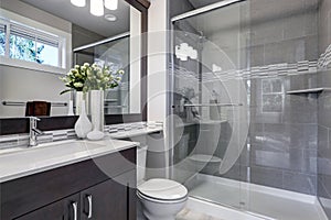 Bright new bathroom interior with glass walk in shower