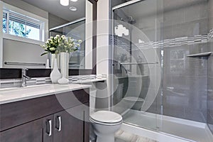 Bright new bathroom interior with glass walk in shower photo