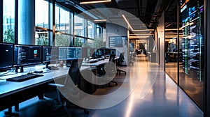 Bright office environment with multiple screens displaying code