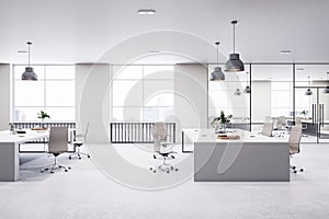 Bright and office environment with white desks and open space. Design simplicity. 3D Rendering