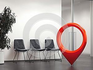 Bright office reception and red geotag or map pin. 3d rendering