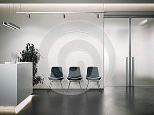 Bright office reception with waiting area. 3d rendering