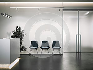 Bright office reception with waiting area. 3d rendering photo