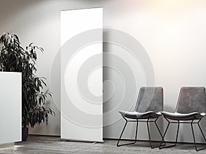 Bright office reception with waiting area and white blank roll up. 3d rendering