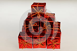 Bright, olourful beautifully wrapped presents in a pile