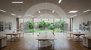 Bright open plan workspace facing green garden