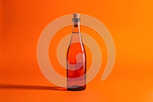 Bright orange background highlights slim, empty bottle with corked neck and subtle shadows photo