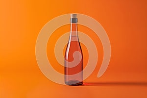 Bright orange background highlights slim, empty bottle with corked neck and subtle shadows photo