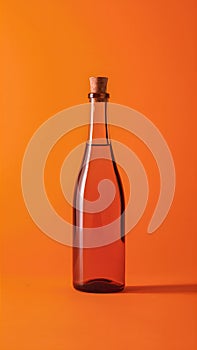 Bright orange background highlights slim, empty bottle with corked neck and subtle shadows photo