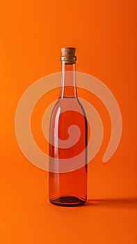 Bright orange background highlights slim, empty bottle with corked neck and subtle shadows photo