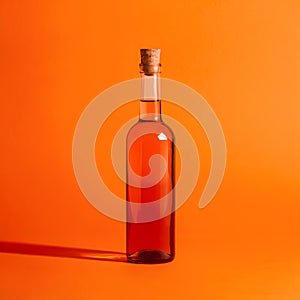 Bright orange background highlights slim, empty bottle with corked neck and subtle shadows photo