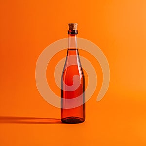 Bright orange background highlights slim, empty bottle with corked neck and subtle shadows photo