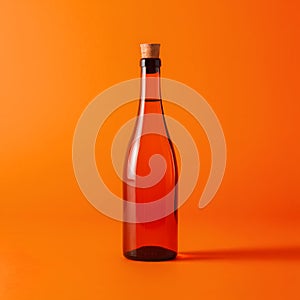 Bright orange background highlights slim, empty bottle with corked neck and subtle shadows photo