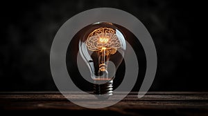 A bright orange brain inside a light bulb symbolizing creativity, innovation, and idea generation