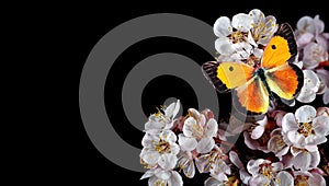 Bright orange butterfliy on whte spring flowers. apricot blossom branch isolated on black. colias croceus butterfly