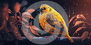 Bright orange canary bird perched on tree branch in a rain. Panoramic composition perfect for digital banners. AI generative