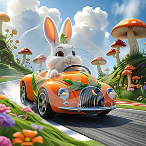 A rabbit racing in a carrot-shaped car on a whimsical racetrack.AI generated photo