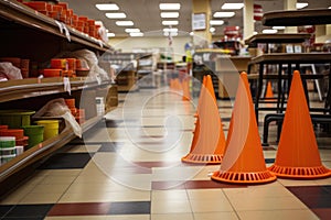 bright orange cones cordoning off a spill in a grocery store photo