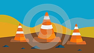 The bright orange cones that once marked the progress of the project are now hidden under layers of muck.. Vector photo