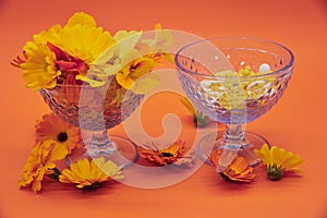 Bright orange flowers in a blue vase on an orange background. And various tablets and pills in another vase